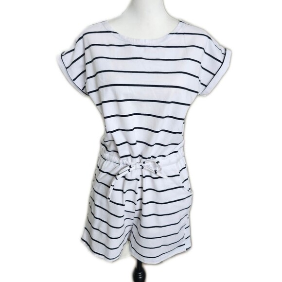 Hount White With Black Stripes Elastic Waist Romper With Tie, M - Picture 1 of 6
